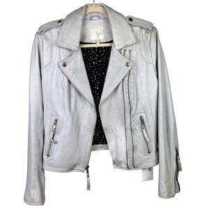 Joie Leolani Leather Moto Jacket Mtl Silver Full Zip Long Sleeve Cotton Lined M